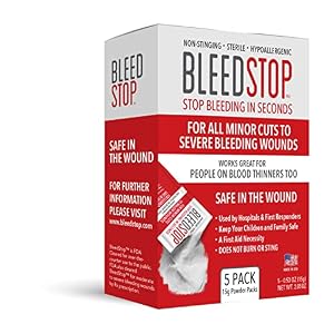 BleedStop™ First Aid Powder for Blood Clotting, Trauma Kit, Blood Thinner Patients, Camping Safety, and Survival Equipment for Moderate to Severe Bleeding Wounds or Nosebleeds 5 Pack 15g