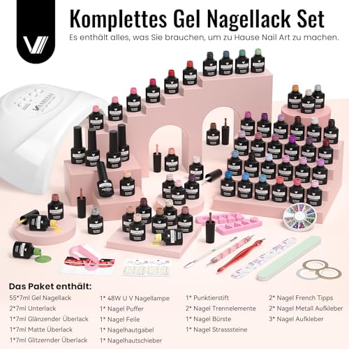 VANREESA Gel Nagellack Set, 55 Farben U V Gel Nagellack Kit mit 48W U V/ LED Nagellampe Braun Lila Blau Grün Nägel Starterset Maniküre Starter Set Gelnägel Selber Kit Geschenk für Frauen