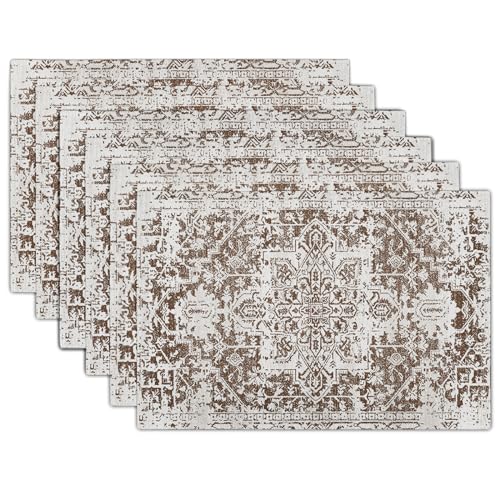 Image of Gray Brown Boho Placemats Set of 6 Ethnic Bohemian Carpet Place Mats Washable Kitchen Dining Vintage Grey Geography Floral Linen Table Mats Stain Heat-Resistant for Home Party Indoor 12x18 in