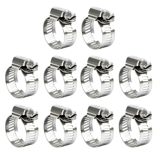 Hose Clamp 1 Inch, 10 Pack Stainless Steel Hose Clamps for 1-2 inch to 1 Inch Hose Pipe, Adjustable Worm Gear Small Clamps Assortment Kit for Fuel Line, Automotive Plumbing, Radiator, Mechanical