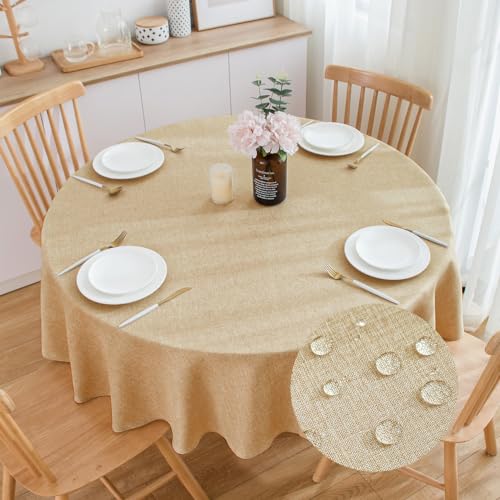 SPRICA Round Tablecloth 160cm Diameter Water Resistance Linen Texture Spill Proof Wipeable Table Cover Solid Colour Circle Cover, Wheat