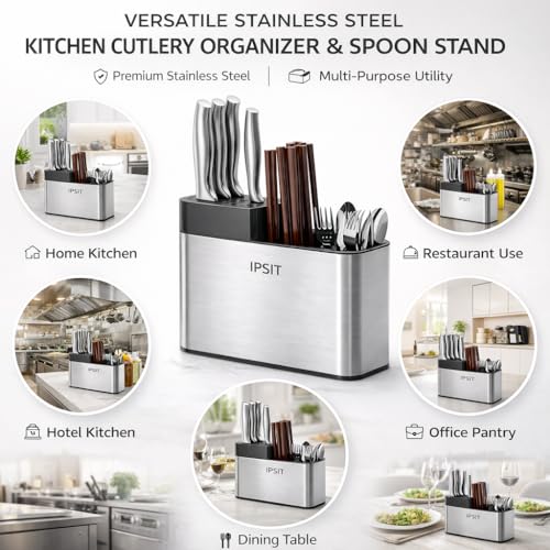 Image of Stainless Steel Spoon Holder & Cutlery Stand for Kitchen | Knife, Spoon, Fork Organizer | Large Utensil & Spatula Holder for Countertop & Dining Table (Knife Cutlery Holder)