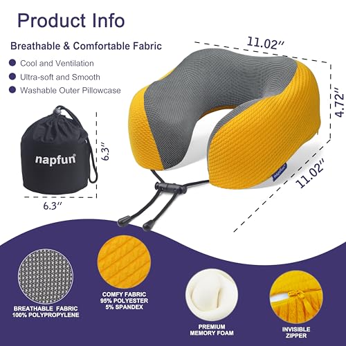 Image of napfun Neck Pillow for Traveling, Upgraded Travel Neck Pillow for Airplane 100% Pure Memory Foam Travel Pillow for Flight Headrest Sleep, Portable Plane Accessories, Yellow