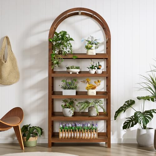 YUCHIATH 5-Tier Solid Wood Open Bookcase, Modern Arched Bookshelf, Home Office Shelf Storage Organizer, Storage Display Rack Shelf for Living Room (Walnut)
