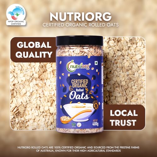 Image of Nutriorg 100% Organic Rolled Oats 1000gm | Pack of 2 | Gluten Free | High protein | Weight loss | Fibre Rich | Easy to Cook | Overnight Oats | Nutritional Breakfast Cereal Oats | Air Tight Plastic Jars
