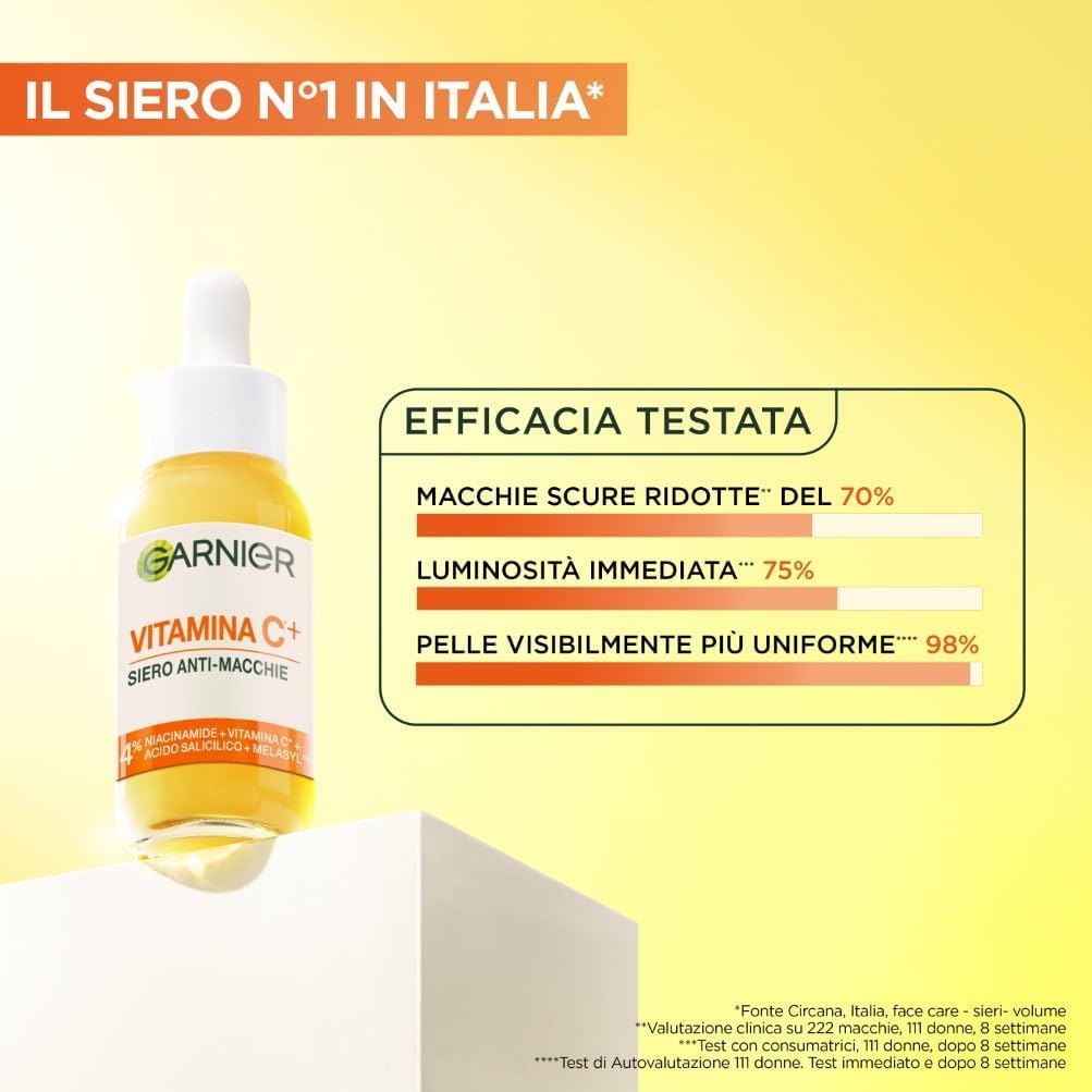 Garnier Routine Anti-Macchie: Siero Vitamina C Viso Potenziato con Niacinamide e Melasyl 30ml e Fresh & Bright Sorbetto Vitamina C Crema Viso Idratante Ultra Leggera 85ml