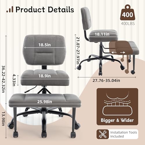 Image of Ergonomic Criss Cross Legged Office Chair, ADHD Chair, 360 Swivel Meditation Kneeling Chair with Wheels, Adjustable Footrest, Bigger & Wider Height Adjustable Seat, Strong Lumbar Support, Greycloth