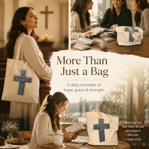 Image of Christian Tote Bag Gift for Women, Canvas Bible Bag Handmade Floral Cross | Christian faith-inspired gift, handcrafted cross with lace, inner pocket, snap closure, bottom gusset, church Bible study use