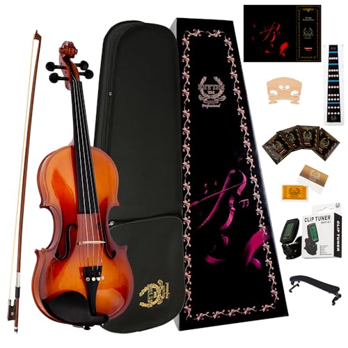 Rhythm Violin Set for Beginners,Acoustic Violins Starter Kit Package for Student,Beginners Fiddle with Hard Case, Rosin, Shoulder Rest, Bow, and Extra Strings (NATURAL, Full)
