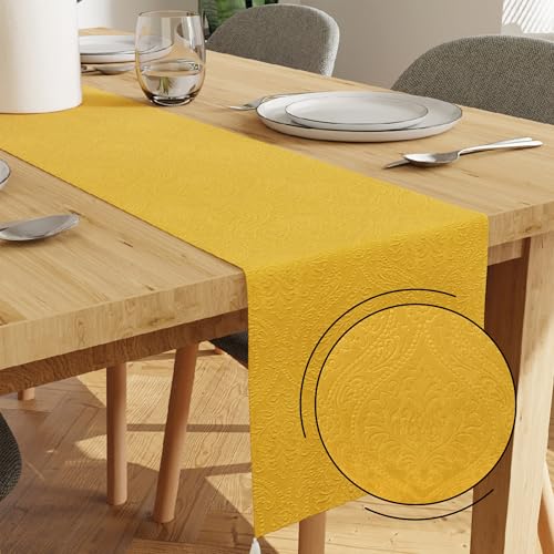 Image of Encasa XO 4 to 6 Seater Dining Embossed Velvet Table Runner | Size 32x183 cm | Lemon Yellow Color with Premium Polyester - Machine Washable
