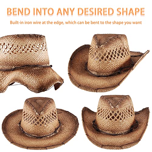 Image of Men's Cowboy Hats Summer Women Beach Cowgirl Hat Raffia Unisex Western Sun Hat