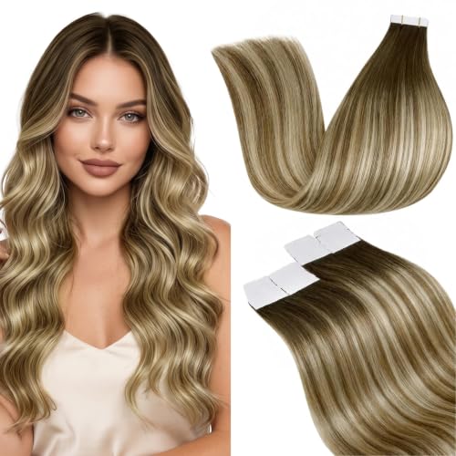 Image of LaaVoo Hair Extensions Tape in Human Hair Balayage Tape in Extensions Ombre Brown to Light Brown Mixed Blonde Tape on Hair Extensions Straight 12 Inch 50g 20Pcs