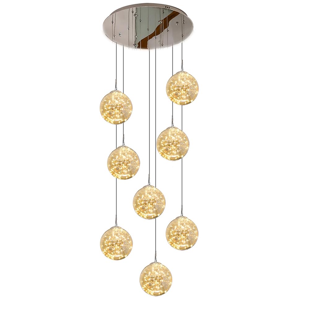 Żyrandol 8/10/12/15/18 świateł - duży żyrandol, lampa wisząca LED na schody z wysokim sufitem, podstawa z lustrem ze stali nierdzewnej, ręcznie dmuchana szklana kulka, regulowana wysokość -