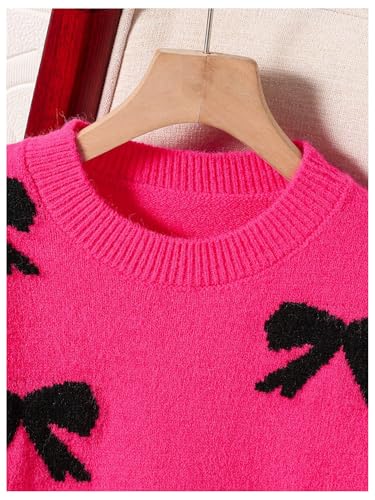 Image of BEAUDRM Girl's Cute Bow Sweater Crew Neck Long Sleeve Drop Shoulder Loose Pullover Tops