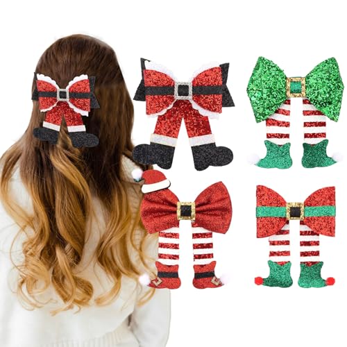 Semato 4 Pcs Christmas Hair Clips for Women and Girls Glitter Sequins Christmas Bow Clips Xmas Red and Green Glitter Hair Accessories Party Gifts for Women