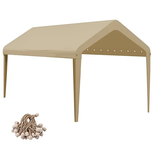 10x20 Canopy Replacement Cover, Carport Replacement Canopy Top Cover for 10' x 20' Frame, 800D Heavy Duty Waterproof & UV Protected Car Canopy with Ball Bungees (Frame is not Included) (Beige)