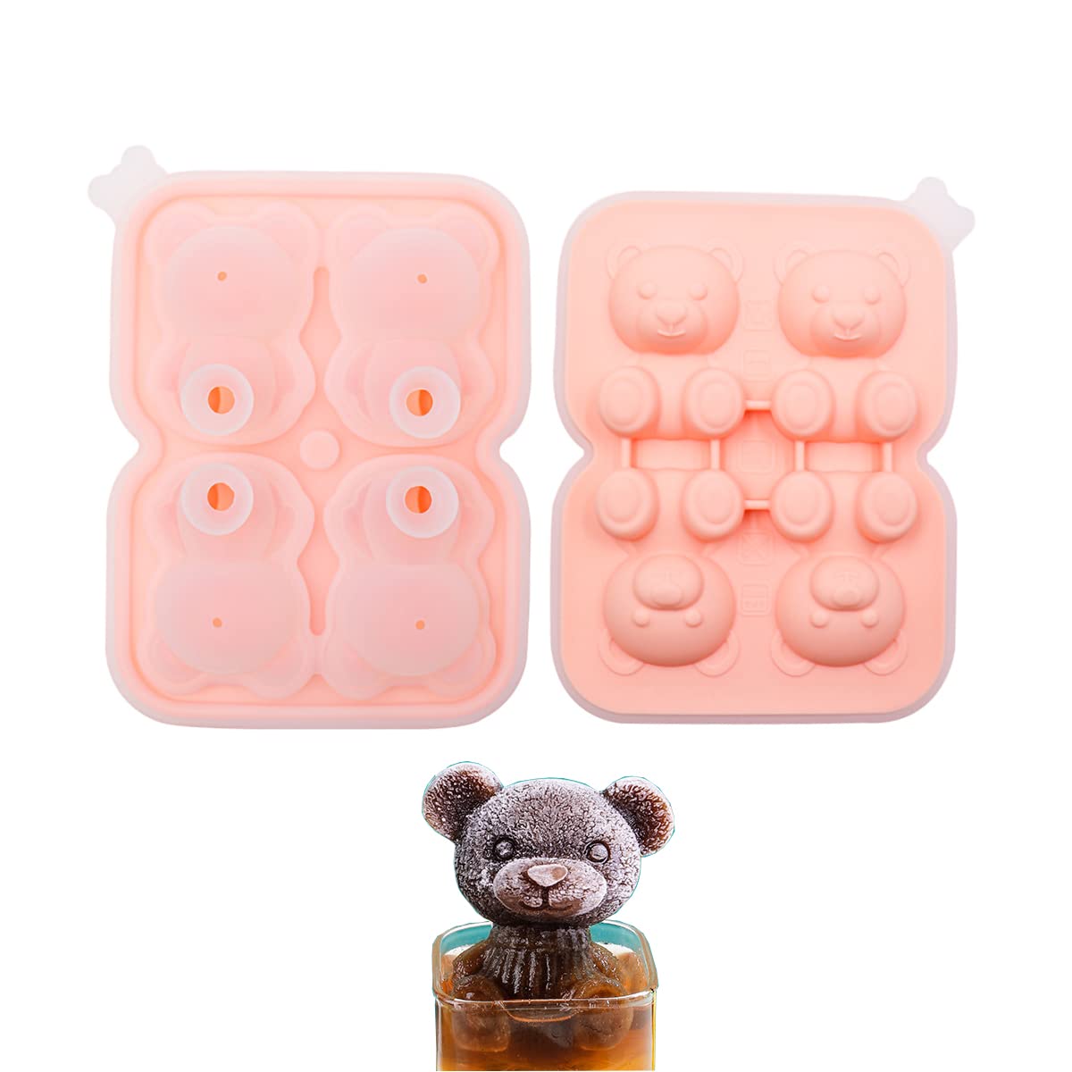 GawmFoiuy 4 Small Bear Ice Cube Molds,1.96 Inch Small Bear Ice Cube Molds, Food-Grade Easy Release Reusable Silicone,Bear Ice Cubes for Whiskey, Scotch, Bourbon, Soda, Cocktails, Everyday Use (Pink)