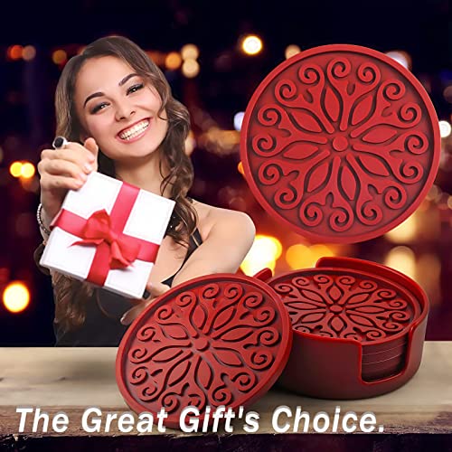Qusum Coasters For Drinks,Resistant Reusable Silicone Coasters With Holder,Set Of 6 - Great Gift For Birthday, Housewarming, Room Decor, Holiday Party, Bar Coasters (Red) #TOP6
