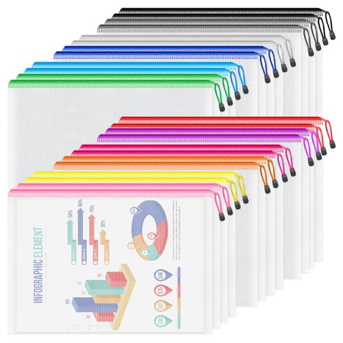 Image of Smarpau A4 /Letter Size Zipper Pouch, 24pcs Mesh Zipper Bags for Organizing | Multipurpose Waterproof Storage Zipper Bags for School Papers, Office Files, Crafts, Home Storage, 13.3 inch x 9.4 inch, 12 Colors