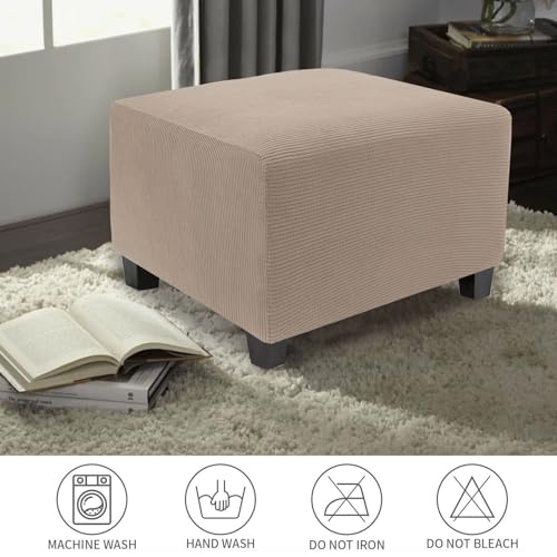 Image of NeColorLife Stretch Ottoman Cover Square Soft Knitted Jacquard Washable Thick Storage Foot Stool Cover for Square and Rectangle Ottomans Khaki Large