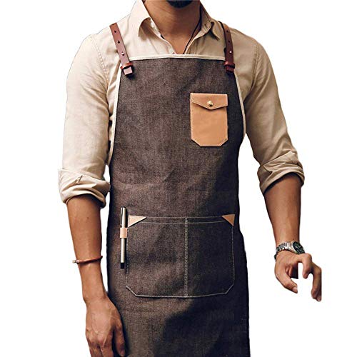 LSRONG Coffee Shop Restaurant Apron Leather Denim Apron Men and Women Leather Strap