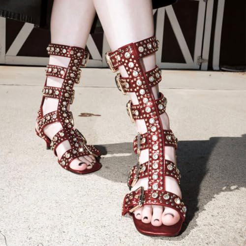 FSJ Women Rhinestone Calf High Strappy Gladiator Sandal Low Kitten Heel Open Toe Cutout Buckles Back Zipper Comfortable Fashion Street Dress Shoes Size 4-16 US2