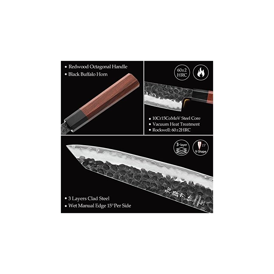 HEZHEN Kitchen Knife Set 4PCS, Clad Steel Chef Knife Nakiri Forged Steel Santoku, Wooden Octagonal Handle