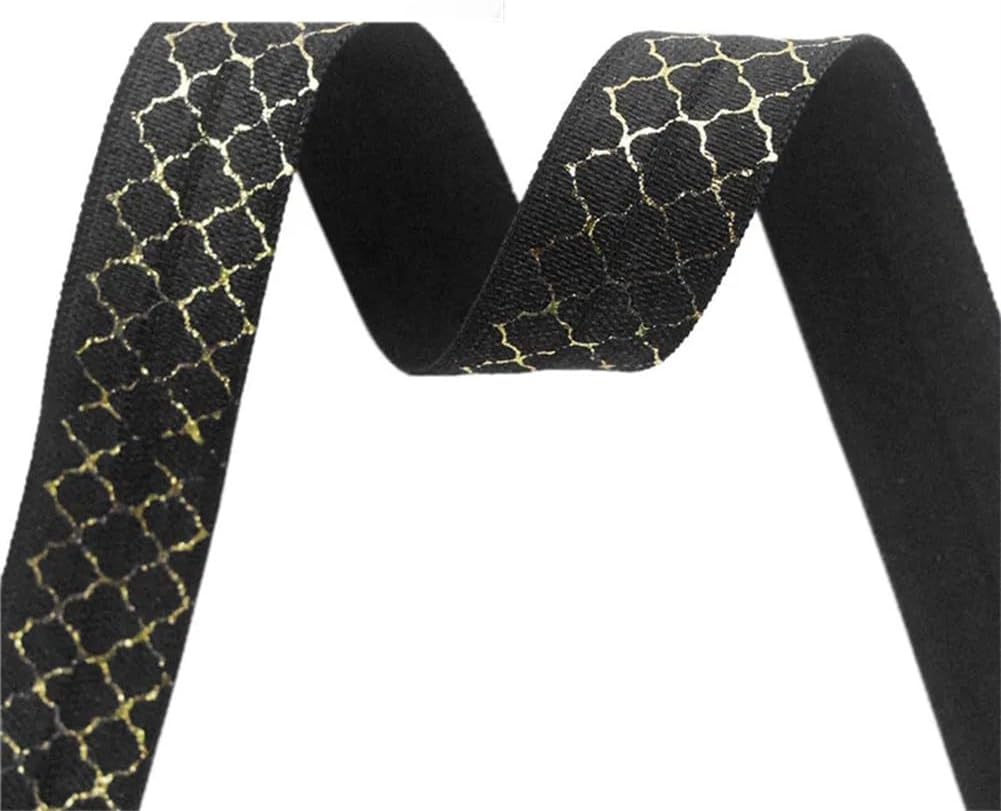 50 100Y/Roll Gold Grid Foil Print Fold Over Elastic FOE Spandex Band Hair Tie Headband Sewing Trim Black 100 Yards