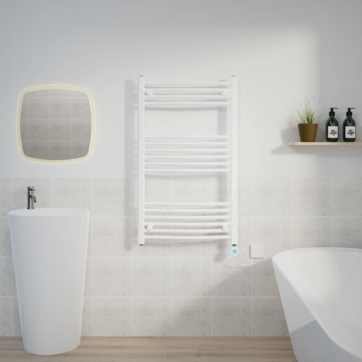 Warmehaus Electric Heated Towel Rail Curved White Thermostatic Bathroom Towel Radiator with Timer - 1000x600mm 600W