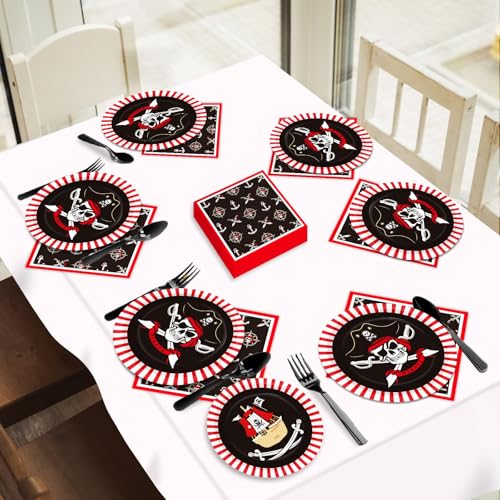 Image of 96pcs Pirate Birthday Tableware Set Pirates Party Paper Plates and Napkins Decorations Pirate ship Bone Disposable Dinnerware Supplies for Adult Teens Kids Birthday Party Favor, Severs 24