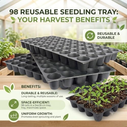 Image of 98 Reusable Seedling Tray - Pack of 3 (Black, 98 Holes /Tray) | Durable Plastic Germination Trays with Drainage Holes | Ideal for Seed Starting, Greenhouse, and Indoor Gardening
