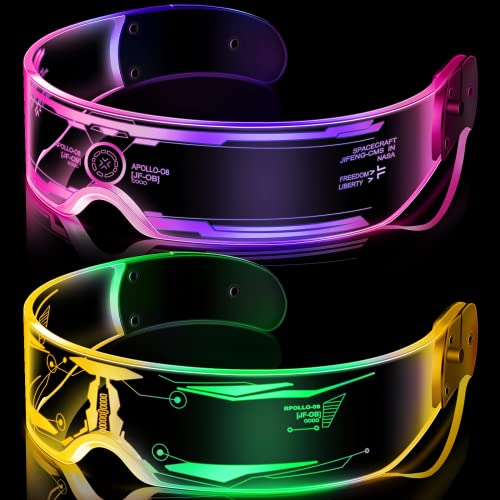 Kimimara Cyberpunk LED Glasses - 2 Pack Party Light Up Visor Glasses Luminous Futuristic Flashing Glasses Happy New Years Eve Party Glasses Novelty Eyeglasses