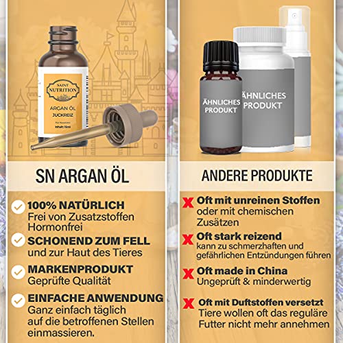 Saint Nutrition Juckreiz Argan Öl für Haustiere | Hilfe bei Juckreiz durch Hautkrankheiten | auch durch Milben & Läuse | HOCHWIRKSAM | für Hunde und Katzen | Grasmilben | Katze | Hund | Pferd