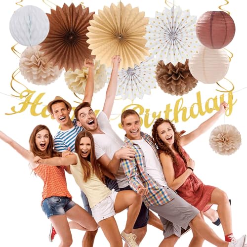 Image of White-Brown Champagne-Gold Boho Birthday Party-Decorations - 21pcs Happy Banner,Beige Neutral Rustic Paper Lanterns Honeycomb, Hanging Streamers,Tissue Pom Poms Flower Fan,Fall Decor Supplies Huglony