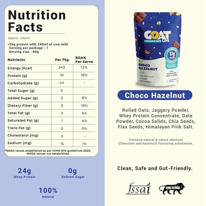 Image of GOAT Life Overnight Oats | 10g Protein | High Fibre | Nutrient-Rich | No Sugar | Supports Weight Management & Muscle Recovery | Instant Breakfast (Choco Hazelnut, Pack of 7)