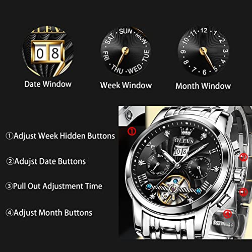 Image of OLEVS Automatic Watches for Men Luxury Mechanical Self Winding Watch Tourbillon Skeleton Watch Business Diamond Waterproof Men Watches Stainless Steel Calendar Wrist Watch Silver /Black /Blue /Gold Face