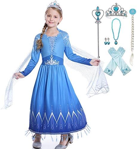 Amazon Bigmark ドレス プリンセス エルサ ワンピース 子供 ハロウィン コスプレ キッズ 仮装 コスチューム 長袖 膝丈 ストレッチ ブルー7点セット 110 キッズコスチューム おもちゃ