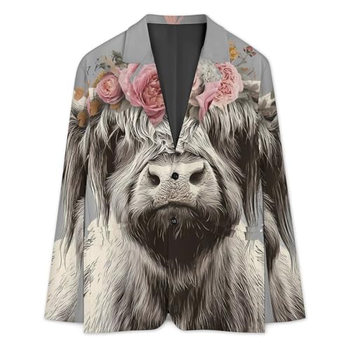 Rose Cute Highland Cow Men's Blazer Printed Button Suit Jacket Slim Sport Coat Blazers3