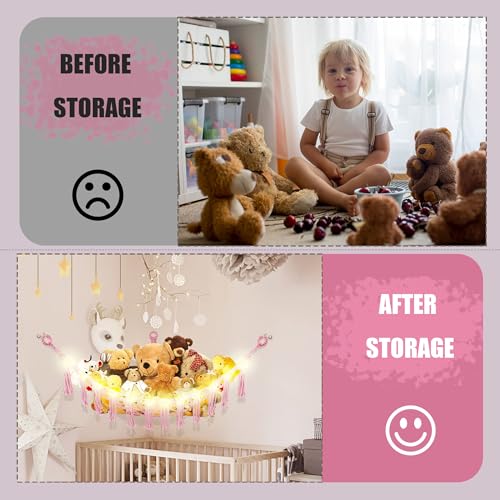 Image of CERETIA Stuffed Animal Hammock with LED Light, Large Stuffed Animals Storage Corner Plushie Net for Kids Room Decor, 2 Packs Pink