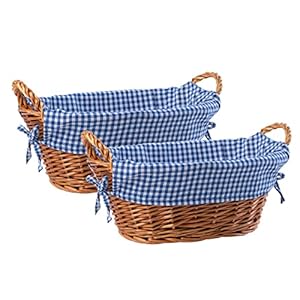 eGenuss Rieten Broodmanden met zijgrepen en uitneembare stoffen bekledin | Set van 2 manden 32 x 23 x 13 cm | Geruit patroon Blauw en Wit