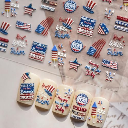 4th July Nail Art Stickers American Flag Nail Art Decals with Design USA Patriotic Nails Stickers 5D Self Adhesive for Women Girls Kid Manicure DIY Decoration Accessories