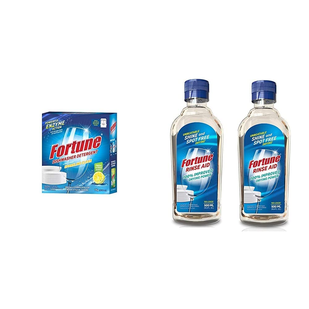 Dishwasher Detergent - 1 kg & Fortune Rinse Aid Starter Combo Pack - 500 ml (Pack of 2)