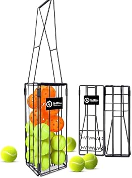 Foldable Tennis Ball Hopper - Collapsible Design Holds 25 Tennis or 16 Pickleballs, Dual Spring Pickup, No Assembly Portable Basket for Easy Storage & Court Practice