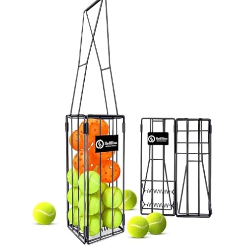ShelfElites Foldable Tennis Ball Hopper - Collapsible Design Holds 25 Tennis or 16 Pickleballs, Dual Spring Pickup, No Assembly Portable Basket for Easy Storage & Court Practice