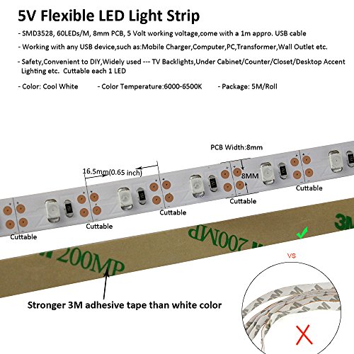 Tira de LED USB blanca 5V 5M 300 SMD 3528 con cinta 3M miniatura 4