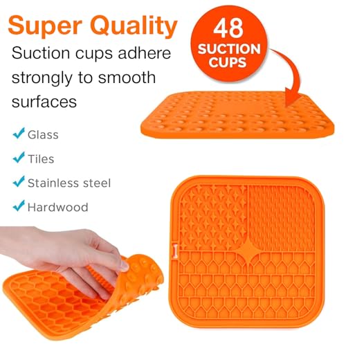 Image of Licking Mat for Dogs and Cats | Premium Lick Mat Suction Cups | Anxiety and Boredom Relief | Slow Feeding Mat Puzzle Toy | Food Grade Silicone Distraction Toy (Orange)