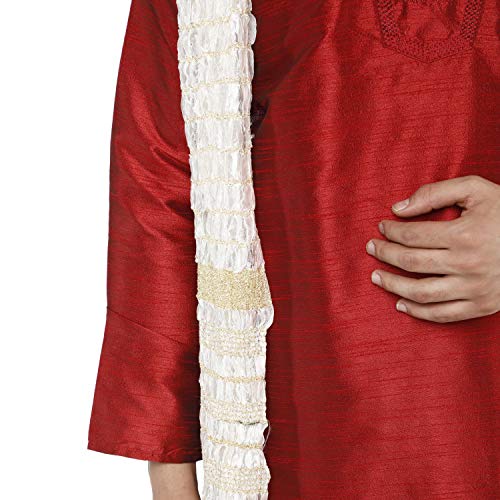 Image of SKAVIJ Men's Art Silk Embroidered Kurta Pyjama Scarf Set 3-Piece Woven Design Festive Party Dress