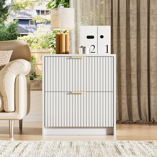 Image of Furniway Nightstands Set of 2, Fluted Nightstand with Gold Metal Handles and 2 Drawers, Modern Bedside Table, 19.6 inch Wide Wood End Table for Bedroom, White