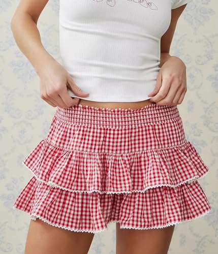Y2k Gingham Mini Skirt for Women Cute Ruffle Layered Elastic Waist Short Skirts Summer Pleated Lace Trim Micro Skirts3