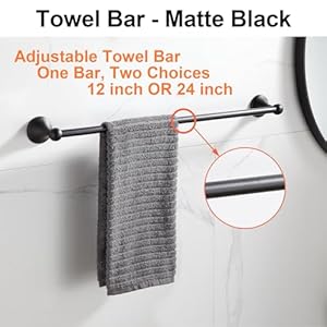 BGL Bathroom Hardware Set Matte Black Adjustable Expandable Towel Bar 4 Piece Bathroom Accessory Set Wall Mounted Robe Hook Toilet Paper Holder Towel Ring